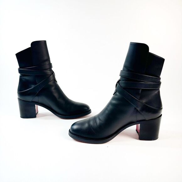 CHRISTIAN LOUBOUTIN Karistrap Black Ankle Boot Size 38.5 Block Heel Buckle Strap - Picture 5 of 14